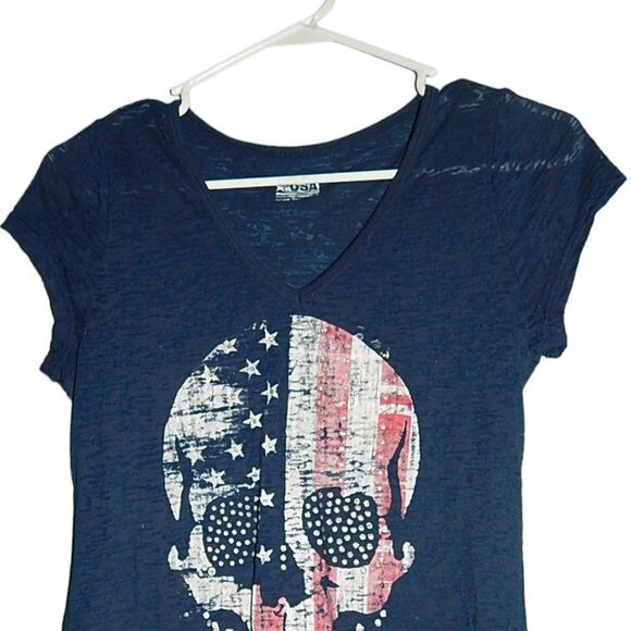 SELF ESTEEM women's junior's small 3/5 navy blue patriotic skull burnout t-shirt - Picture 2 of 10